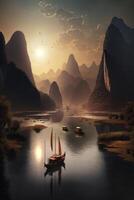 rivière sérénade majestueux chinois paysage avec le coucher du soleil briller, bateaux, et montagnes ai généré photo