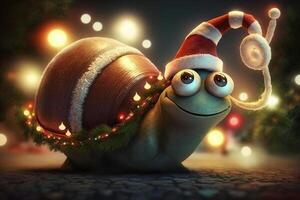 une marrant content escargot pour Noël avec Noël décorations ai généré photo