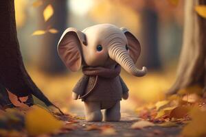 aventures de une mignonne peu l'éléphant dans le coloré l'automne les bois ai généré photo