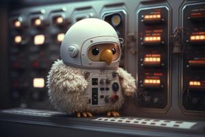 le espace poulet une marrant astronaute dans une espace station contrôle pièce ai généré photo