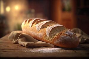 se livrer dans le croustillant et délicieux français baguette dans une rustique réglage ai généré photo