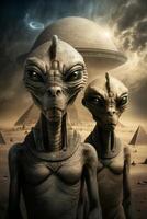 extraterrestres dans de face de le pyramides dans Egypte ai généré contenu photo