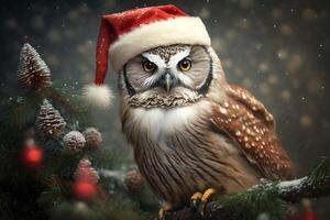 hibou avec une Père Noël chapeau sur une branche ai généré photo