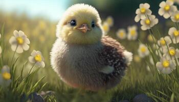 adorable Jeune poussin sur une printemps fleur champ ai généré photo