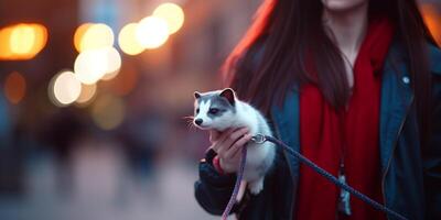 Urbain aventure une Jeune femme prise sa furet pour une marcher dans le ville ai généré photo