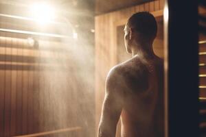 transpiration il en dehors une vue de une nu homme retour dans une embué sauna ai généré photo