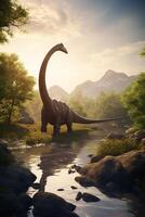 majestueux géants de le préhistorique monde une réaliste illustration mettant en valeur le brachiosaure dans un enchanteur préhistorique paysage ai généré photo