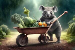 koala jardinage avec une brouette plein de des légumes ai généré contenu photo