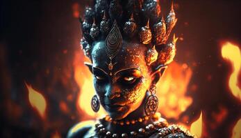 portrait de agni, le Indien Dieu de feu, entouré par le flammes de le sien domination ai généré photo