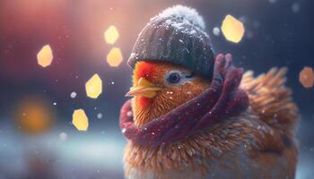 hiver pays des merveilles une marrant poulet dans une écharpe et chapeau dans le neige ai généré photo