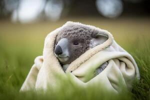 koala se blottit en haut dans une couverture dans une Prairie ai généré contenu photo