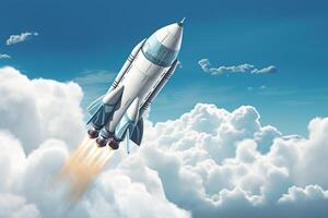 blanc fusée modèle en volant par nuageux bleu ciels comme une symbole de Commencez Succès et innovation ai généré photo