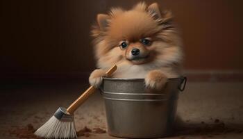 une mignonne poméranien chien séance dans une nettoyage seau avec une balai ai généré photo