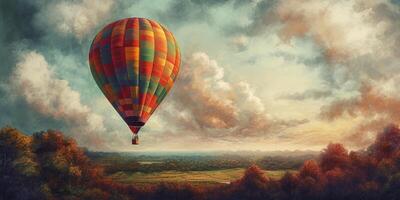 flottant au dessus le des nuages une pastel La peinture de une chaud air ballon ai généré photo