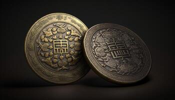la fortune breloques fermer de traditionnel chinois chanceux pièces de monnaie ai généré photo