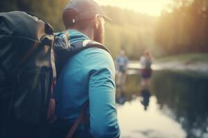 explorant le en plein air groupe randonnée et camping par le rivière avec sacs à dos ai généré photo