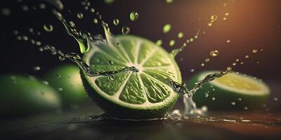 rafraîchissant citron vert l'eau éclaboussure avec bokeh effet, ai illustration ai généré photo