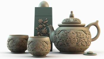 exquis chinois jade thé ensemble sur une blanc Contexte ai généré photo