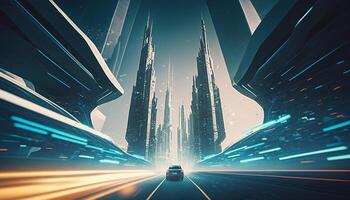 gauchissement par le futur haute vitesse Autoroute dans une futuriste ville ai généré photo