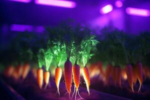 cultivation de carottes en dessous de artificiel uv lumière dans hydroponique système ai généré photo