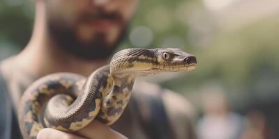 le Urbain serpent une Jeune homme et le sien animal de compagnie serpent ambulant par le ville ai généré photo