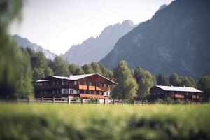 panoramique vue de une hôtel dans le montagnes entouré par luxuriant vert paysage ai généré photo