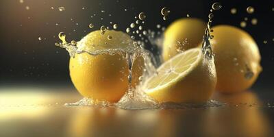 citrons plongeant dans l'eau une éclaboussure de fraîcheur ai généré photo