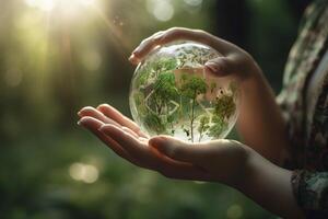 vert énergie en portant le monde dans votre mains ai généré photo