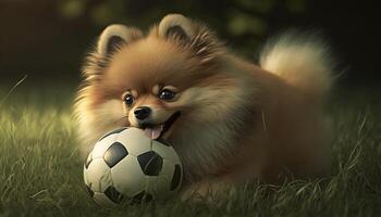 adorable poméranien chien ayant amusement en jouant football sur une vert champ ai généré photo