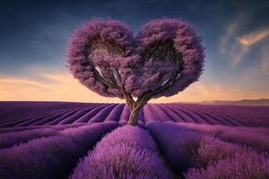 rouge fleur arbre dans cœur forme avec Bonheur. Valentin arbre pour décoration romantique concept. lavande champ ai généré photo