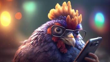 féru de technologie poulet vérification messages sur téléphone intelligent avec des lunettes ai généré photo