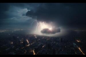 orageux ciels plus de le ville aérien vue de orage et foudre ai généré photo