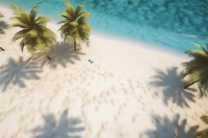 paradis a trouvé aérien vue de blanc le sable plage avec paume des arbres et cristal bleu des eaux ai généré photo