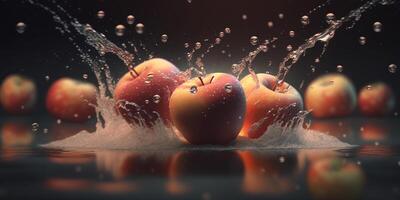 nombreuses pommes chute dans l'eau - une numérique illustration représentant le ondulation effet de fruit impact ai généré photo