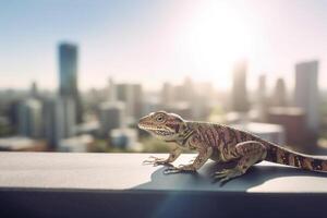 Urbain lézard regarder à grattes ciels de fenêtre ai généré photo