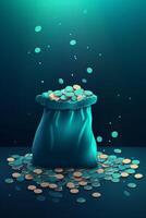 bleu sac de trésors une embrasé magot de turquoise pièces de monnaie ai généré photo