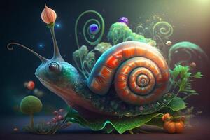 une marrant escargot dans une magique fantastique Fée conte monde ai généré photo