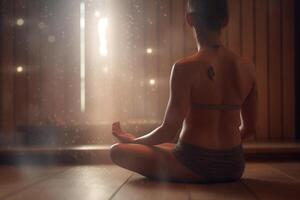 découverte paix dans femme méditer dans jambes croisées yoga pose ai généré photo