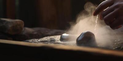 goutte l'eau sur chaud des pierres dans sauna embué relaxation ai généré photo
