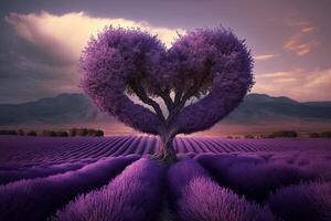 rouge fleur arbre dans cœur forme avec Bonheur. Valentin arbre pour décoration romantique concept. lavande champ ai généré photo