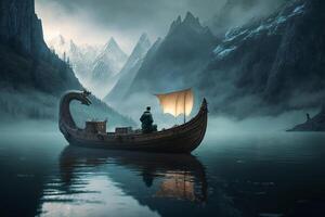 à tête de dragon chinois bateau sur une brumeux Lac avec enchanteur Montagne paysage et mystique ambiance ai généré photo