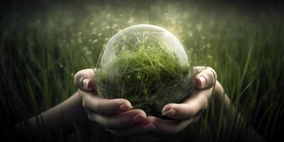 vert énergie en portant le monde dans votre mains ai généré photo