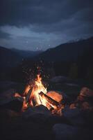 confortable feu de camp dans le cœur de le Montagne région sauvage ai généré photo