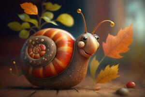 une marrant Conte de fée escargot dans l'automne entre marron feuilles ai généré photo