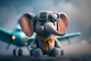 en volant haute avec le adorable peu l'éléphant pilote au dessus le des nuages ai généré photo