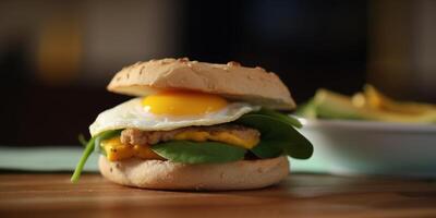 avocat, épinard et frit Oeuf sandwich sur une Frais brioche chignon ai généré photo