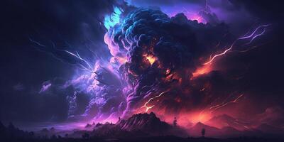 spectaculaire ultra-violet orage avec des nuages et foudre ai généré illustration photo