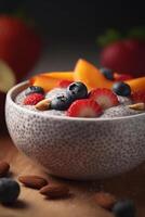 en bonne santé petit déjeuner bol avec chia la graine pudding et Frais des fruits ai généré photo