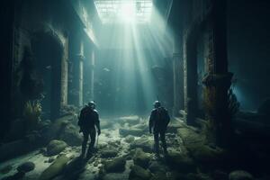 explorant le ancien creux ruines plongeurs sous le vagues ai généré photo