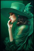 le art déco Dame dans vert une portrait de une cool blond beauté de le Années 1920 ai généré photo